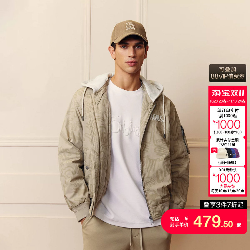 j区绫致杰克琼斯男棉服秋冬刺绣logo连帽保暖外套