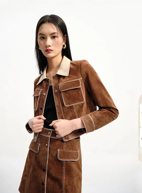 绫致Vero Moda皮衣秋冬新款通勤百搭优雅拼色九分袖短款