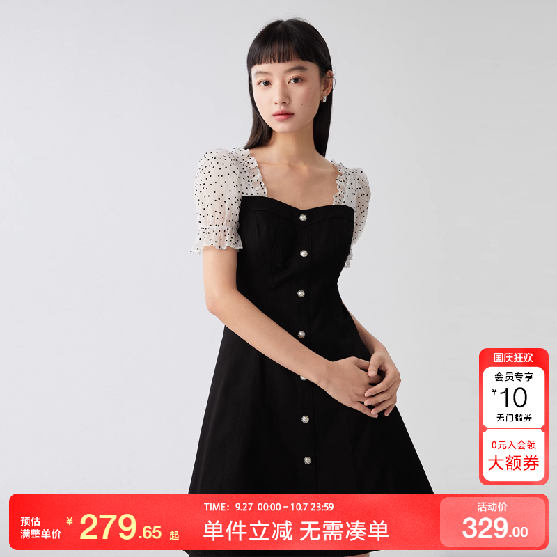 绫致VeroModa连衣裙25春夏甜美显瘦小黑裙泡泡袖牛仔裙时尚百搭