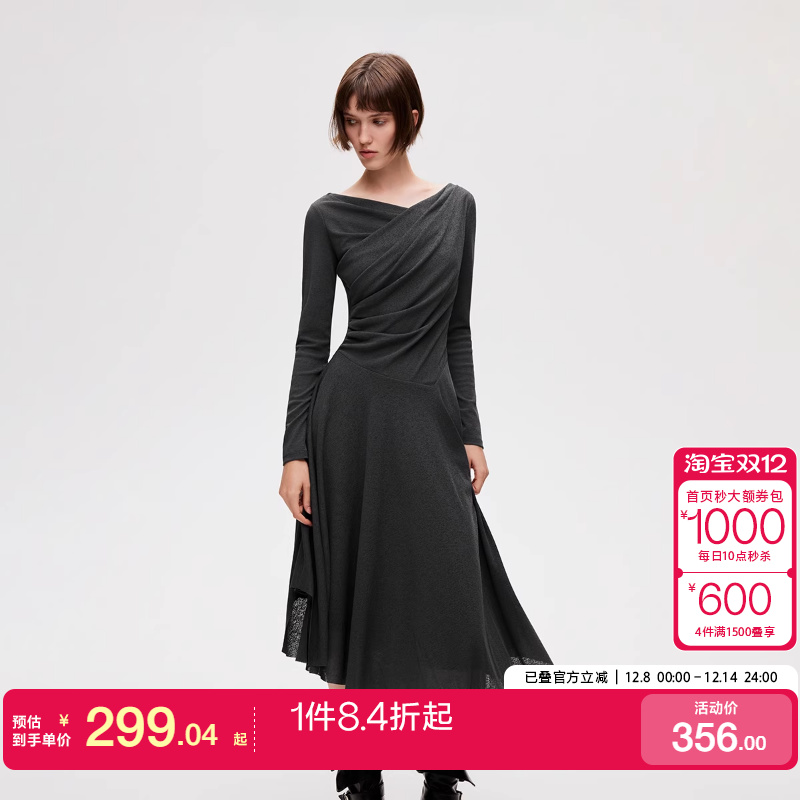 绫致ONLY2025秋季新款不规则下摆交叉荡领中长款连衣裙女