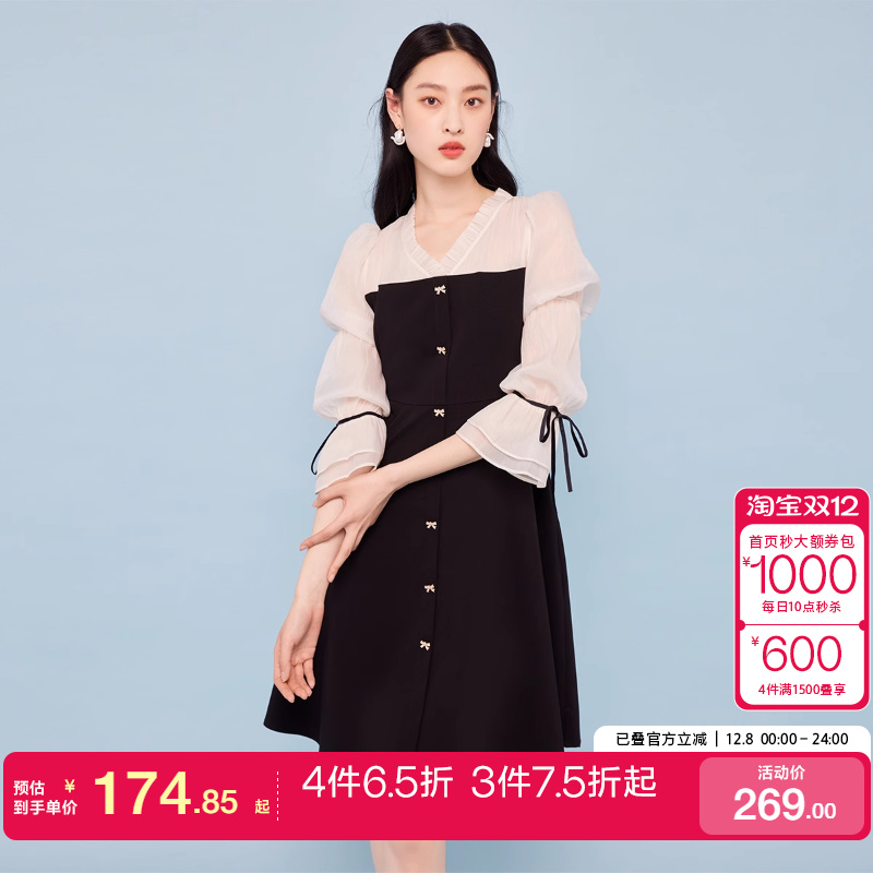 tq区绫致Vero Moda秋冬公主风V领雪纺泡泡袖拼接连衣裙时尚潮