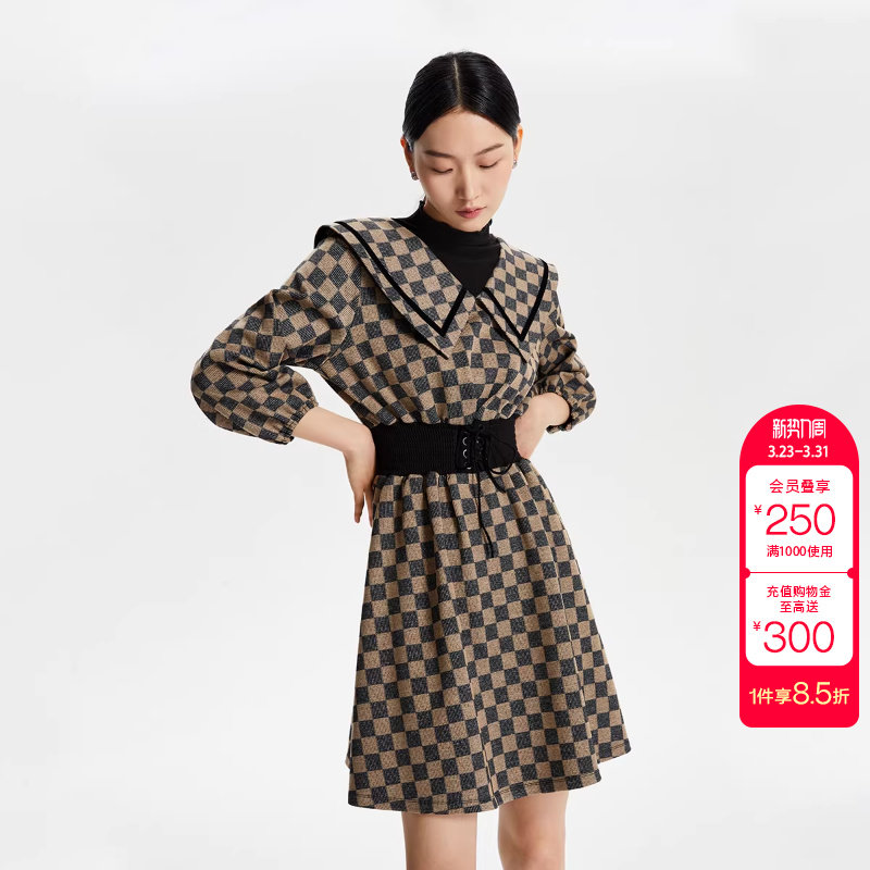 绫致Vero Moda连衣裙女冬新款翻领格纹七分袖拼接连衣裙