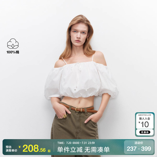 雪纺衫 绫致ONLY2025夏季 短款 新款 女 甜美系带一字肩泡泡袖
