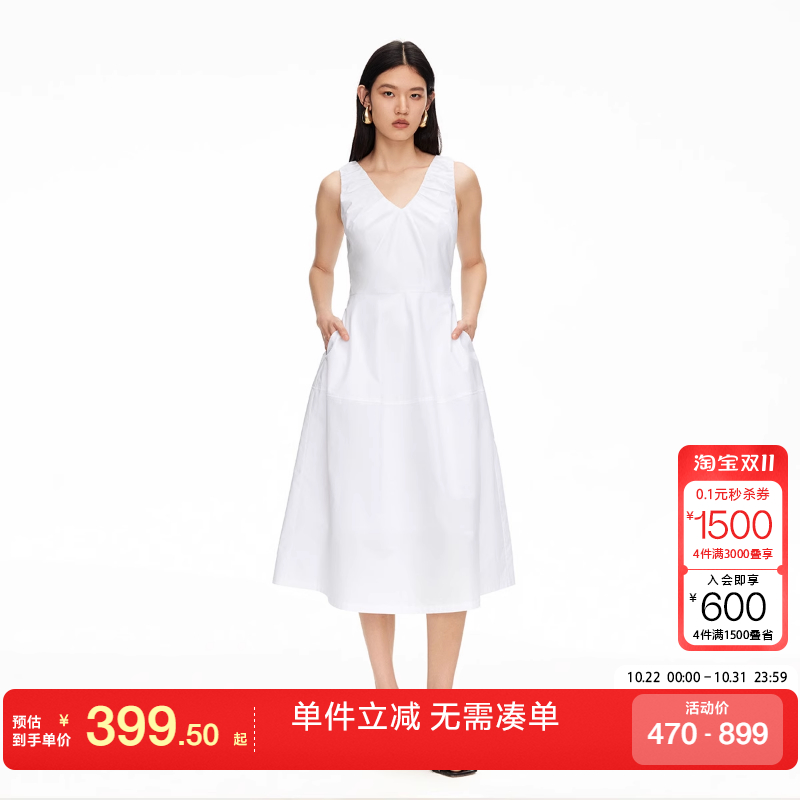 绫致Vero Moda连衣裙2025夏季新款纯棉V领捏褶设计收腰裙