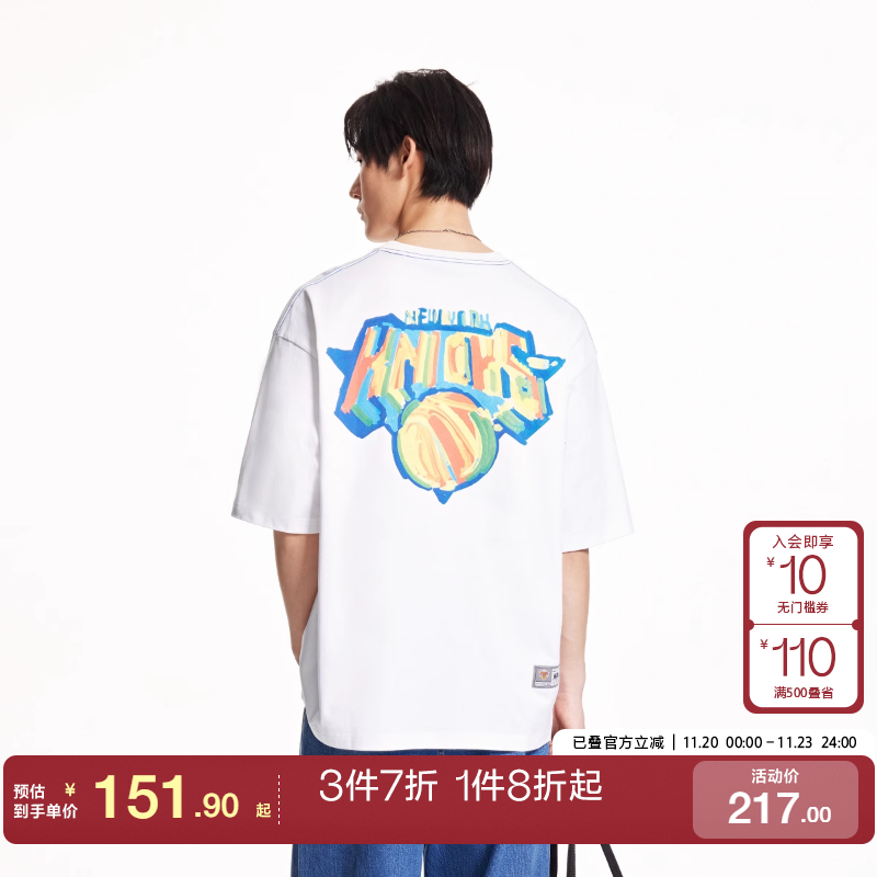 jq区绫致杰克琼斯NBA联名款春夏纽约尼克斯队涂鸦印花纯棉短袖T恤