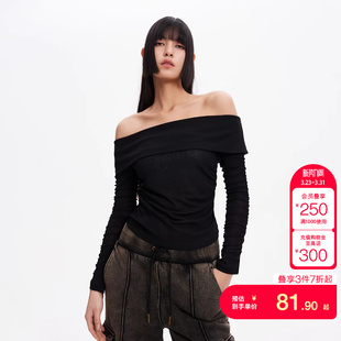 T恤女时尚 长袖 上衣 短款 tq区绫致ONLY春夏潮一字领弹力修身