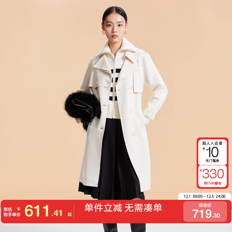 绫致Vero Moda风衣外套2025冬季新款直筒收腰翻领长款双排扣