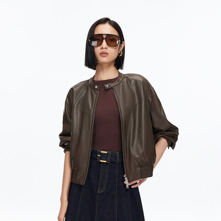 绫致Vero Moda夹克女2025新款双头拉链松紧底摆PU外套