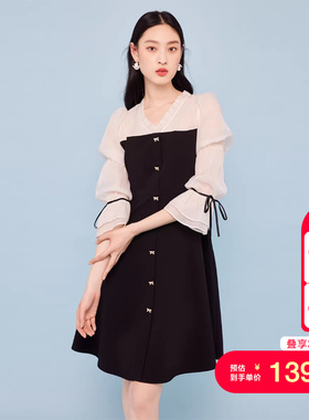 t区绫致VeroModa连衣裙25春夏公主风V领雪纺泡泡袖拼接