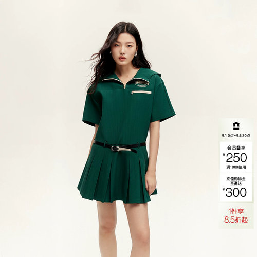 tq区绫致Vero Moda连衣裙女秋冬立领连帽百褶俏皮卫衣裙