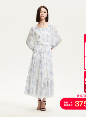 vq区绫致Vero Moda连衣裙夏季新款腰带装饰印花七分袖裙子