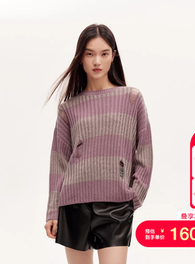 tq区绫致VeroModa针织衫24秋冬破洞撞色宽条纹圆领落肩长袖
