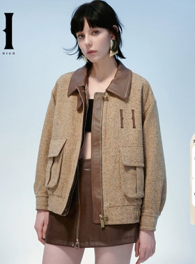 绫致SEASON HIGH翻领纯色短款长袖上衣简约夹克外套含羊毛女
