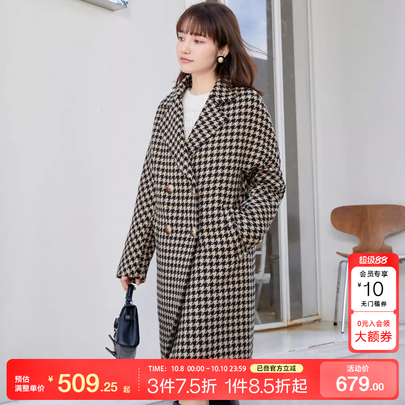tq区绫致Vero Moda秋冬含羊毛复古双排扣千鸟格纹毛呢大衣女潮