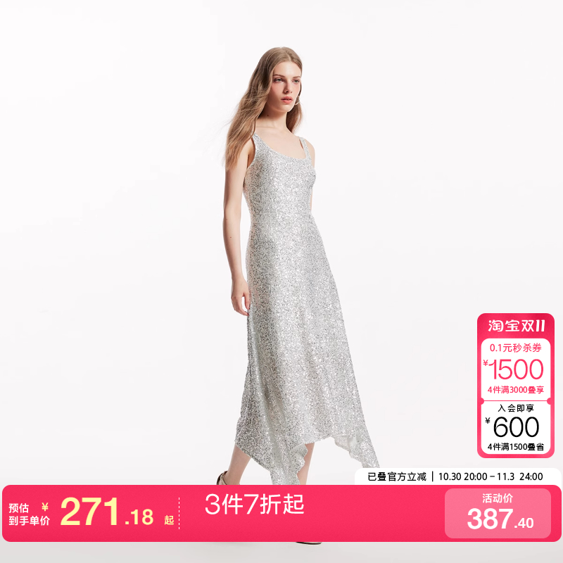 m区绫致Vero Moda连衣裙女秋冬不规则A摆收腰宴会礼服亮片裙