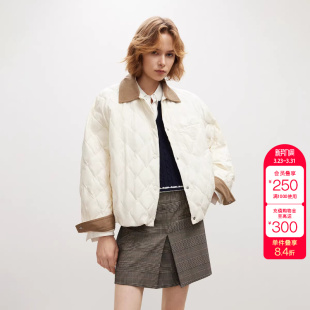 绫致ONLY冬季 复古条绒撞色翻领保暖白鸭绒羽绒服女 新款