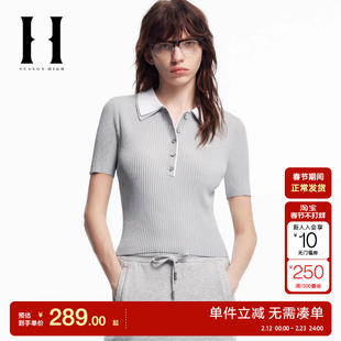 绫致SEASON HIGH时尚百搭舒适撞色双层短袖假两件针织polo女