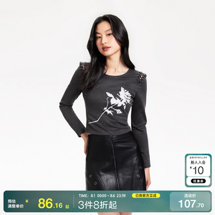v區(qū)綾致Vero 上衣甜酷時(shí)尚 ModaT恤女春夏H圓領(lǐng)綁帶花朵印花長(zhǎng)袖