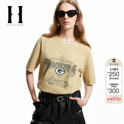 绫致SEASONHIGH女短袖T恤圆领胸口绿湾包装工队立体Logo女