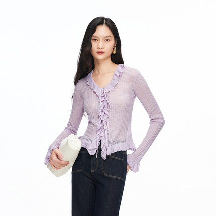 绫致Vero Moda针织衫女2026春季新款蝴蝶结荷叶袖口V领上衣大气