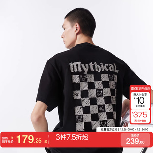 jq区绫致杰克琼斯春潮宽松涂鸦棋盘格半袖 T恤男 直筒圆领纯棉短袖