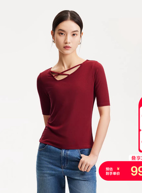 vq区绫致Vero ModaT恤女25早春夏不规则交叉绑带领修身五分袖T恤