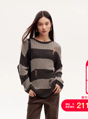 vq区绫致Vero Moda针织衫25春夏破洞撞色宽条纹圆领落肩学院减龄