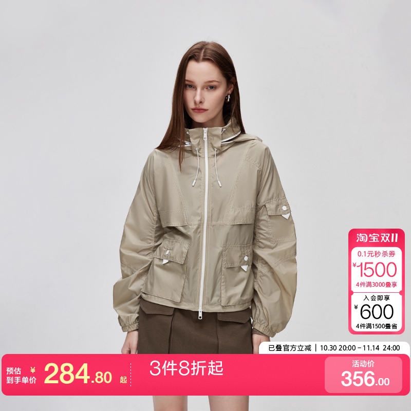 o区绫致ONLY秋冬新工装风口袋抽绳宽松轻薄连帽外套女时尚