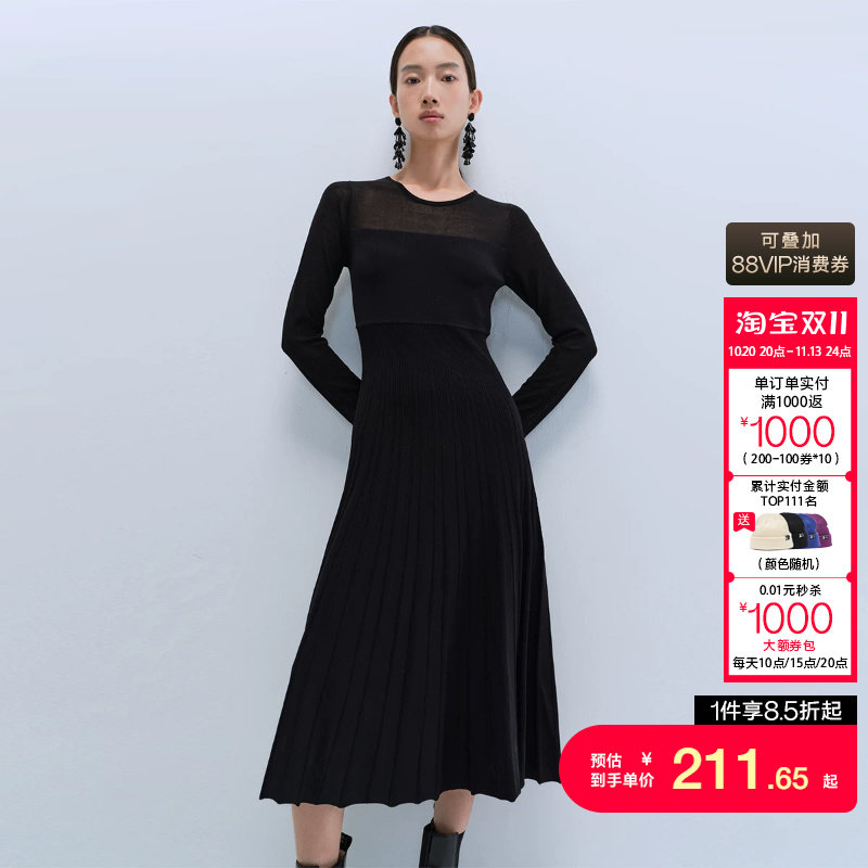 t区绫致Vero Moda连衣裙秋冬半透修身百褶大摆针织长裙女