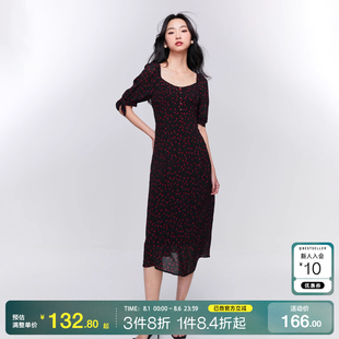 穿搭气质碎花蝴蝶结U领中长款 o区ONLY2025夏季 甜美连衣裙女