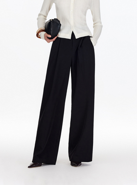 vq区绫致Vero Moda休闲裤25秋冬新加宽腰袢捏褶纯色高腰阔腿裤