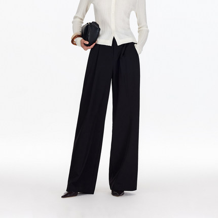 v区绫致Vero Moda休闲裤25秋冬新加宽腰袢捏褶纯色高腰阔腿裤