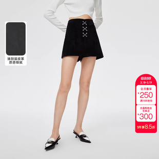 绫致VeroModa半身裙女装黑色裤链条猪剖层皮革裙裤短裤潮百搭