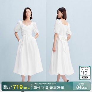 绫致Vero 含棉交叉绑带捏褶方领长裙 Moda连衣裙女2025秋季 新款