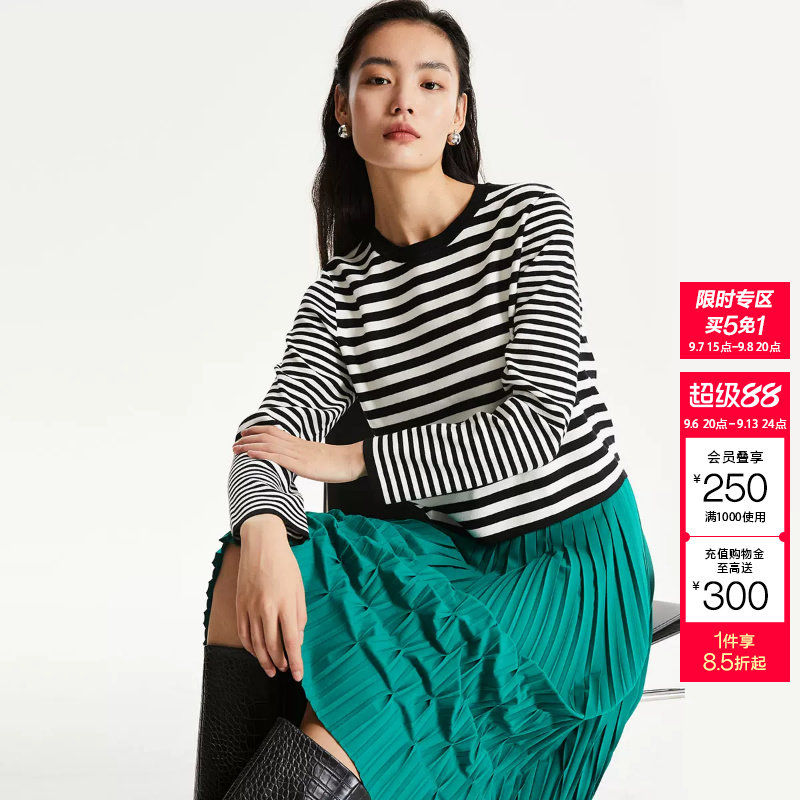 [买5免1]绫致CoutureMade针织衫女秋冬直身圆领条纹拼接休闲图片