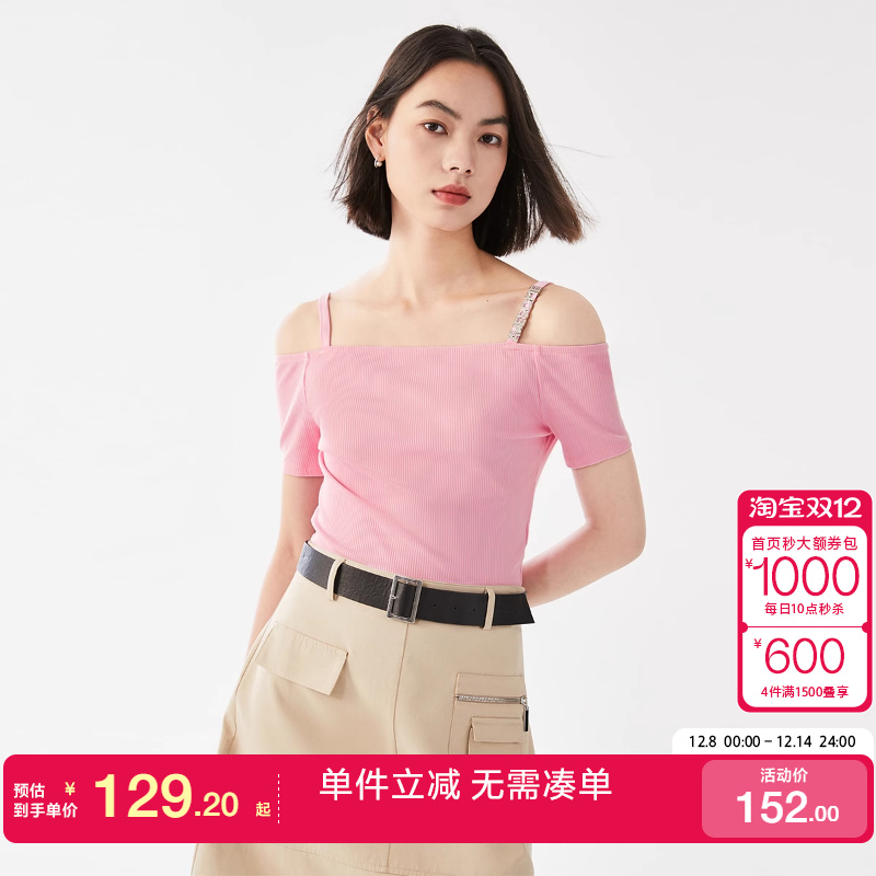 绫致Vero ModaT恤女2025春夏新款优雅简约吊带一字肩水钻装饰上衣