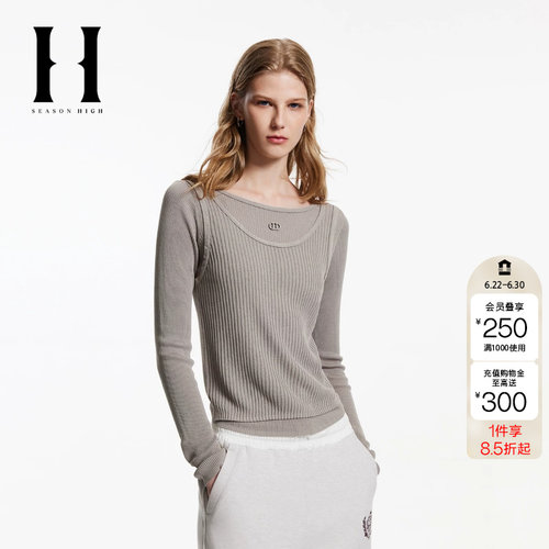 绫致SEASON HIGH秋季圆领修身版型假两件设计款针织衫女装
