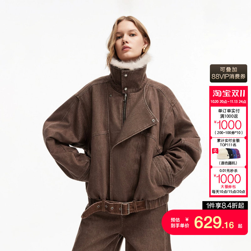 绫致ONLY2026秋冬新款机车风可拆卸保暖毛领夹棉牛仔外套女潮流