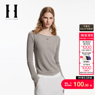 绫致SEASON HIGH秋冬圆领修身版型假两件设计款针织衫女装