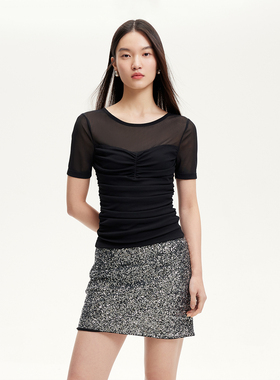 vq区绫致Vero ModaT恤25春夏分割线设计拼接圆领褶皱短袖上衣时尚