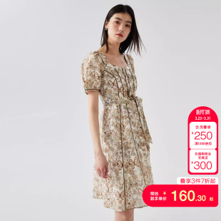 tq区绫致Vero 潮 Moda连衣裙春夏印花中长A字裙方领收腰时尚