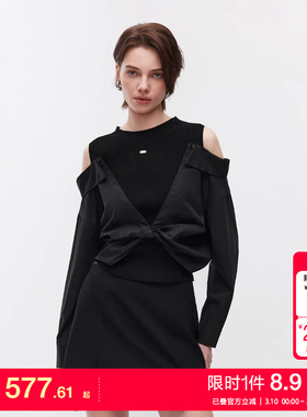 绫致ONLY2026春季新款设计感显瘦假两件拼接露肩针织衫女