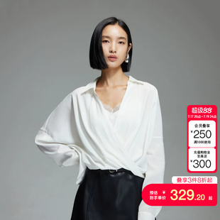 vq区绫致Vero Moda衬衫秋冬新款纯色V领蕾丝吊带真两件上衣
