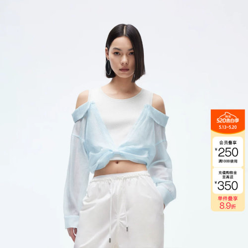 绫致ONLY秋冬新款长袖性感露肩假两件设计拼接针织衫女