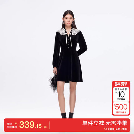 绫致Vero Moda连衣裙25秋冬可拆蕾丝披肩高腰显瘦丝绒裙气质