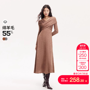 tq区绫致Couture Made连衣裙秋冬交叉带含绵羊毛长连衣裙美拉德