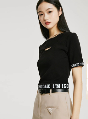 tq区绫致Vero Moda T恤女春夏休闲百搭罗纹拼接字母短袖时尚