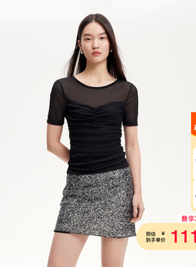 vq区绫致Vero ModaT恤春夏分割线设计拼接圆领褶皱短袖上衣时尚