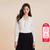 潮 女时尚 绫致ONLY25春夏新气质质感V领泡泡袖 假两件雪纺衫