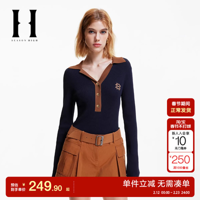 绫致SEASONHIGH秋季女针织衫翻领领口拼色修身刺绣拼接上衣女